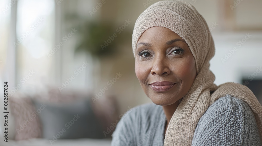 Woman in beige headscarf and gray sweater, smiling peacefully in a softly lit living room, embodying hope and resilience. Woman in beige headscarf and gray sweater, smiling peacefully in a softly lit living room, embodying hope and resilience.