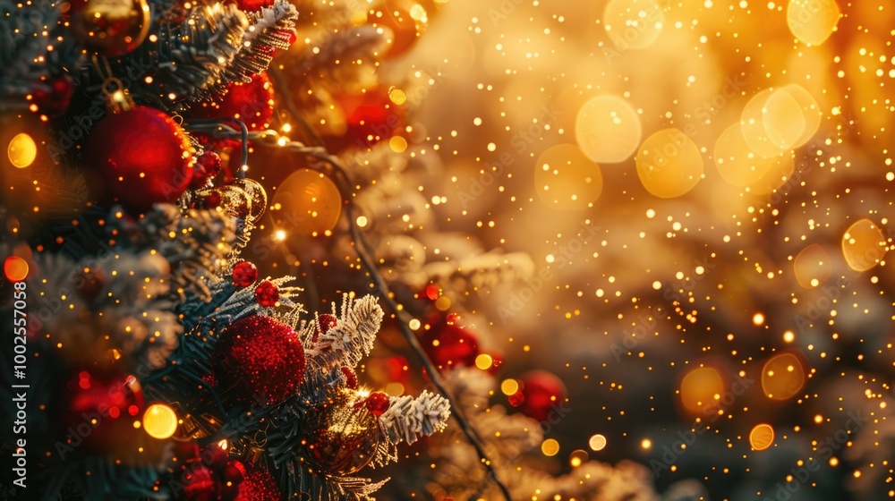 beautiful decorated Christmas tree with shiny baubles, gift and gold bokeh light background. beautiful decorated Christmas tree with shiny baubles, gift and gold bokeh light background.