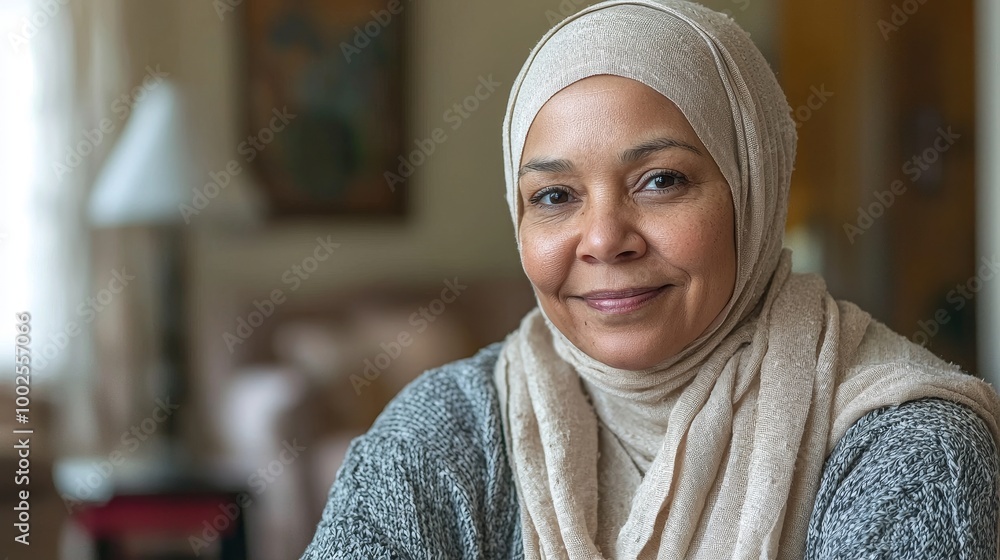 Woman in beige headscarf and gray sweater, smiling peacefully in a softly lit living room, embodying hope and resilience. Woman in beige headscarf and gray sweater, smiling peacefully in a softly lit living room, embodying hope and resilience.