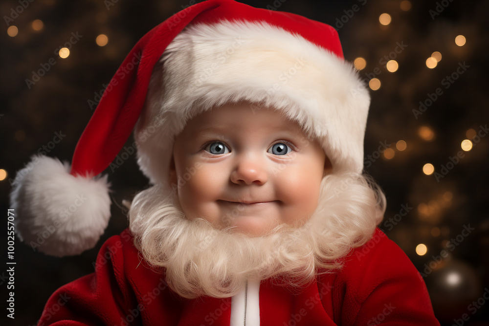 AI generated image of cute baby wearing red santa claus hat christmas tree bokeh lights dark background AI generated image of cute baby wearing red santa claus hat christmas tree bokeh lights dark background