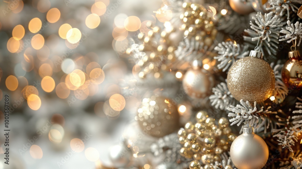 beautiful decorated Christmas tree with shiny baubles, gift and gold bokeh light background. beautiful decorated Christmas tree with shiny baubles, gift and gold bokeh light background.