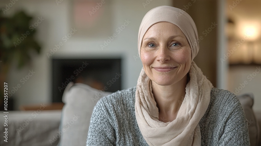 Woman in beige headscarf and gray sweater, smiling peacefully in a softly lit living room, embodying hope and resilience. Woman in beige headscarf and gray sweater, smiling peacefully in a softly lit living room, embodying hope and resilience.