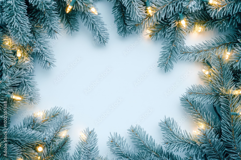 Christmas tree branches covered with snow and decorated with lights forming a frame on a blue background Christmas tree branches covered with snow and decorated with lights forming a frame on a blue background