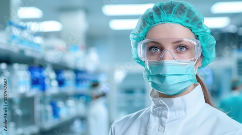 Researcher in a protective mask working in the laboratory