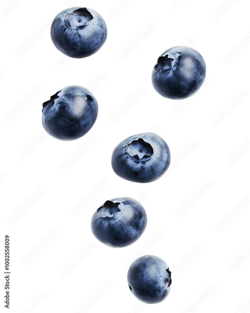 Floating blueberries create a whimsical arrangement in a clean, isolated setting Floating blueberries create a whimsical arrangement in a clean, isolated setting