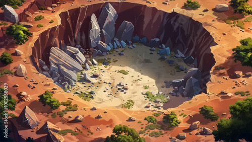 Large Meteorite Crater With A Distinctive Rim And Impact Scarring Bright Colors And Simplified Details Highlight The Scale And Depth Of The Crater Cartoon Illustration