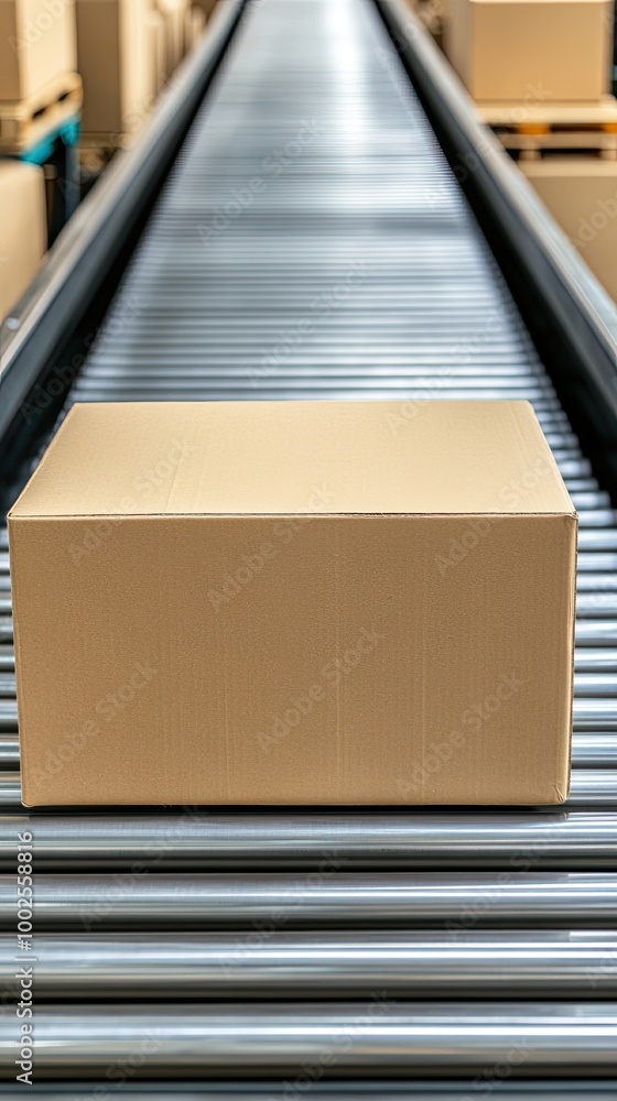 A close-up view of cardboard boxes moving along a conveyor belt in a warehouse highlights the process of packing and shipping products to meet demand A close-up view of cardboard boxes moving along a conveyor belt in a warehouse highlights the process of packing and shipping products to meet demand