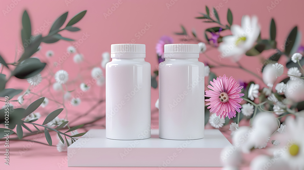 Two white bottles with lids on a pink background surrounded by white and pink flowers. Two white bottles with lids on a pink background surrounded by white and pink flowers.