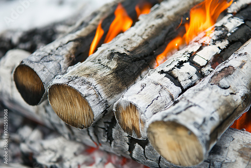 Burning logs in a campfire with charred wood and orange flames, outdoor camping scene in a natural forest setting, close-up photo