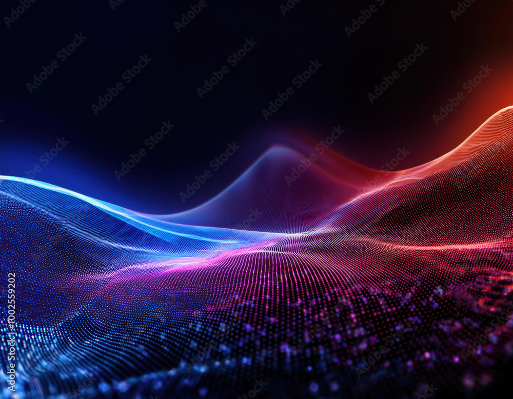 A mesmerizing abstract wave of colorful particles flowing smoothly against a dark background, creating a sense of energy and motion.