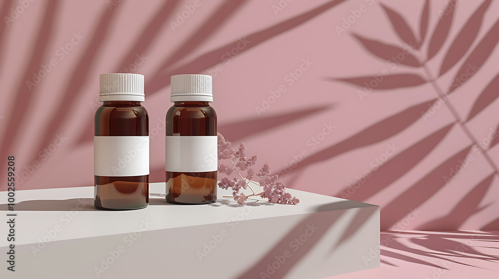 Two amber glass bottles with white labels sit on a white platform against a soft pink background with a delicate shadow of palm leaves. Two amber glass bottles with white labels sit on a white platform against a soft pink background with a delicate shadow of palm leaves.