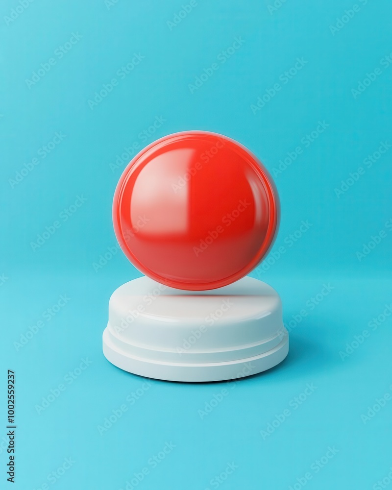 Red button on a white pedestal, blue background Red button on a white pedestal, blue background