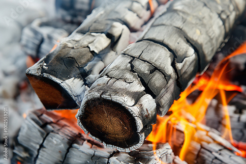 Burning logs in a campfire with charred wood and orange flames, outdoor camping scene in a natural forest setting, close-up photo