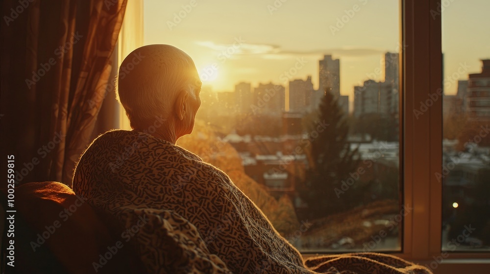 Elderly cancer patient looking at a sunset from a hospital bed, wrapped in a patterned blanket, reflecting life's beauty and resilience.