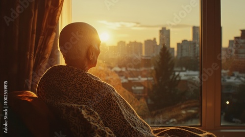Obraz na płótnie Elderly cancer patient looking at a sunset from a hospital bed, wrapped in a patterned blanket, reflecting life's beauty and resilience. w salonie