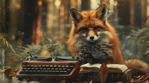 Elegant Fox with Vintage Glasses Typing in Cozy Forest Study photo