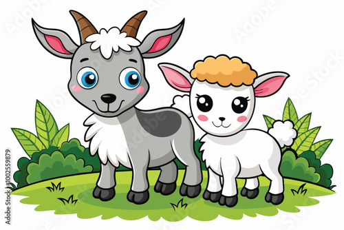 Cute cozy animal friends Goat kid and lamb frolicking in a meadow I.eps