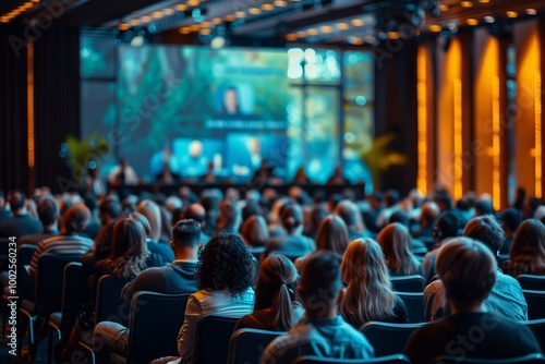 A crowd listens intently to panelists discussing key topics during a dynamic business conference in a stylish venue