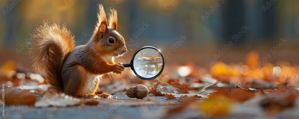 Curious Squirrel Investigates Acorn Through Magnifying Glass in Autumn Leaves Curious Squirrel Investigates Acorn Through Magnifying Glass in Autumn Leaves