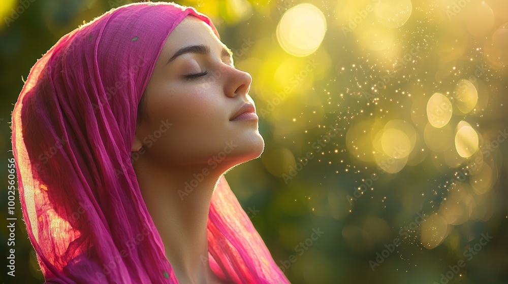 Fototapeta premium Young cancer survivor in a pink headscarf, eyes closed, feeling the sun’s warmth, symbolizing peace, renewal, and hope in nature.