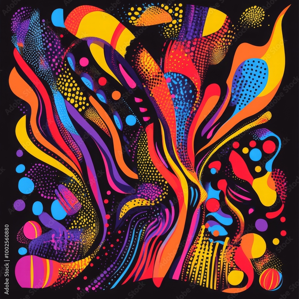 Naklejka premium Abstract Colorful Swirls and Dots Pattern on Black Background
