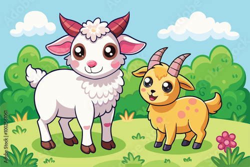 Cute cozy animal friends Goat kid and lamb frolicking in a meadow P.eps