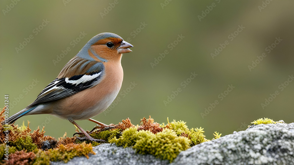 Close-Up Of Chaffinch (Flavoring celebs), standing on a rock with lichens in the nature green background, Close-Up Of Chaffinch (Flavoring celebs), standing on a rock with lichens in the nature green background,