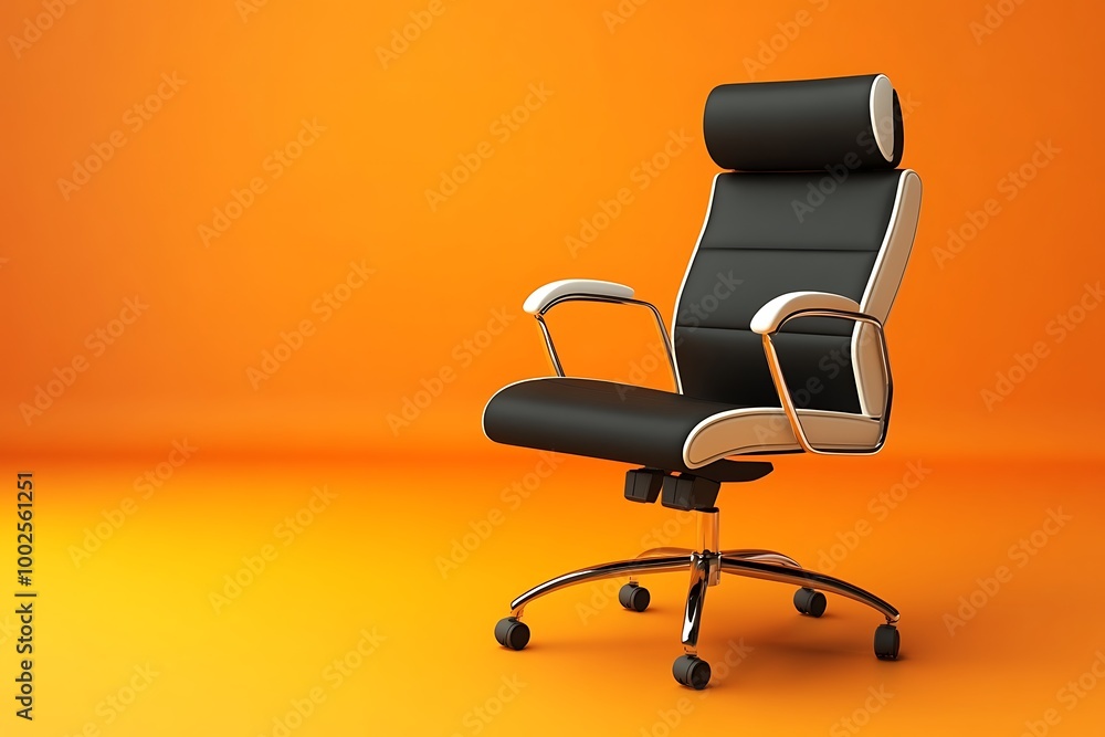 Modern office chair near orange coral wall indoors. Space for text Modern office chair near orange coral wall indoors. Space for text