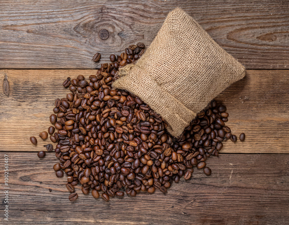 A rustic burlap sack filled with roasted coffee beans spills onto a weathered wooden table, creating a warm and earthy visual that highlights the natural textures.