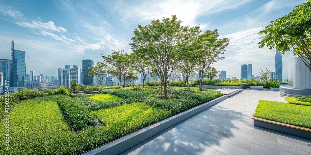 Naklejka premium A beautiful rooftop garden offers lush greenery and scenic city views, creating an ideal escape from urban life.