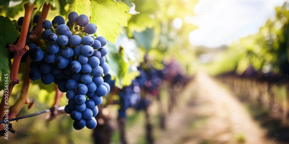 A close-up of ripe blue grapes hanging on a vine in a sunlit vineyard, showcasing nature's beauty and agricultural bounty. A close-up of ripe blue grapes hanging on a vine in a sunlit vineyard, showcasing nature's beauty and agricultural bounty.