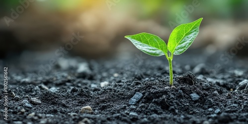 A close-up of a young green plant sprouting from dark soil, symbolizing growth, renewal, and nature's resilience.