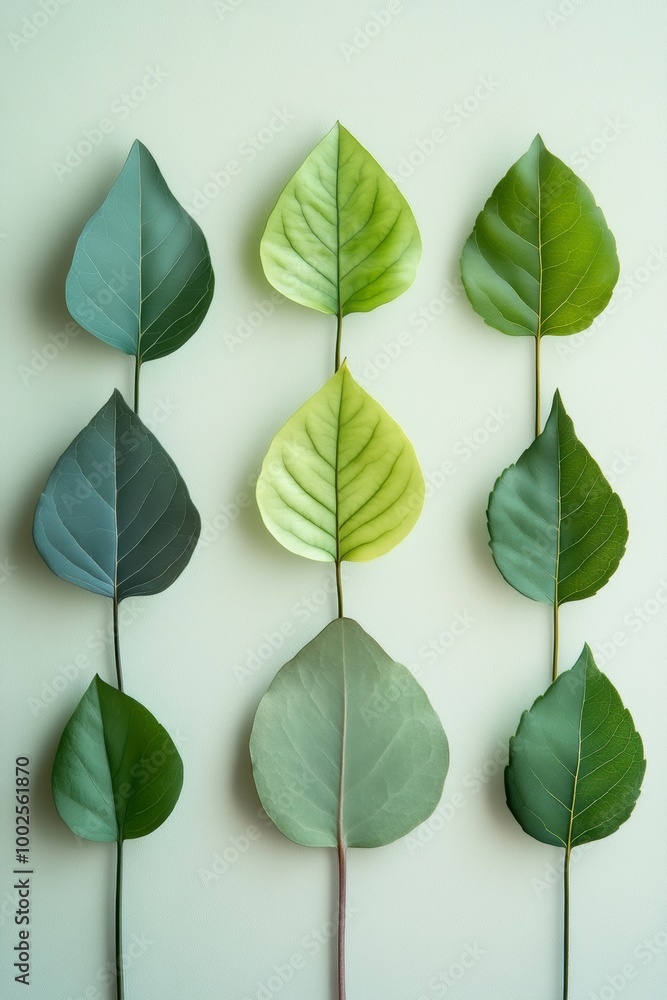 Fototapeta premium A collection of various leaves displayed in a vertical arrangement, showcasing a gradient of colors from blue-green to vibrant green, against a soft background