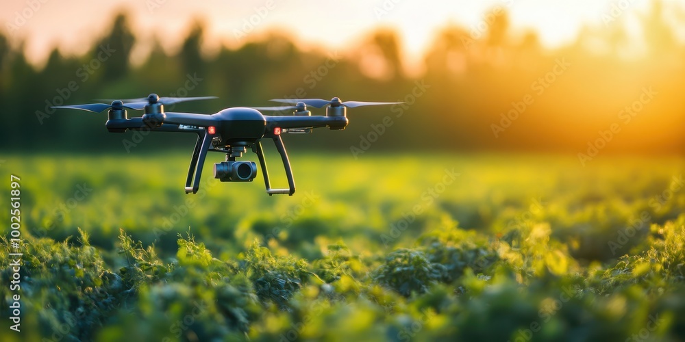 A drone flies over a lush green field at sunset, showcasing modern technology in agricultural landscape. A drone flies over a lush green field at sunset, showcasing modern technology in agricultural landscape.