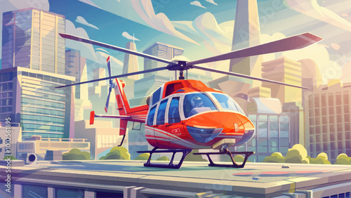 Medical Helicopter On The Landing Pad On The Roof Of The Hospital Cartoon Illustration Featuring The Helicopter Positioned On A Marked Landing Area With The Hospital Building