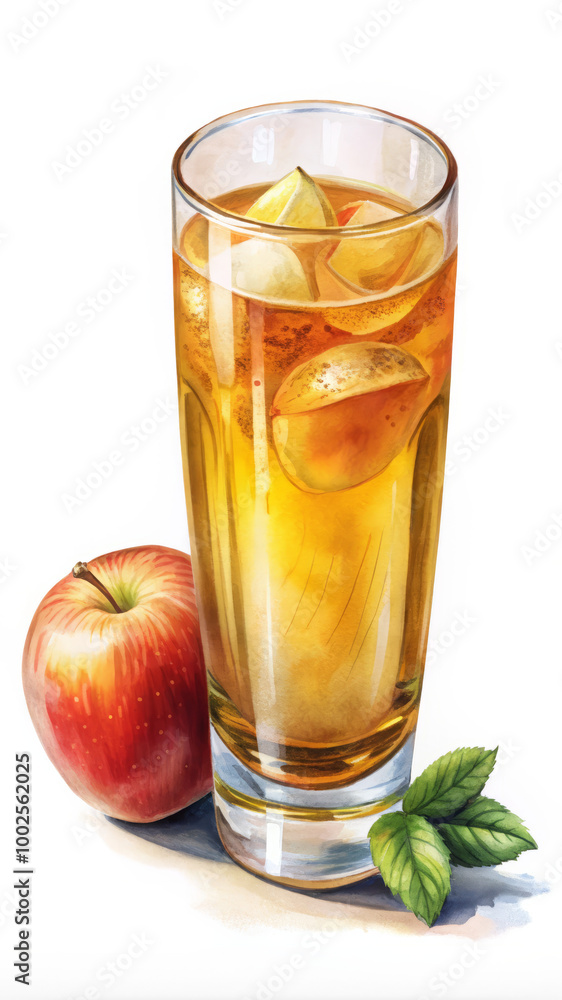 Chilled Apple Cider in Tall Glass with Ice Cubes and Apple Garnish for Summer Refreshment Chilled Apple Cider in Tall Glass with Ice Cubes and Apple Garnish for Summer Refreshment