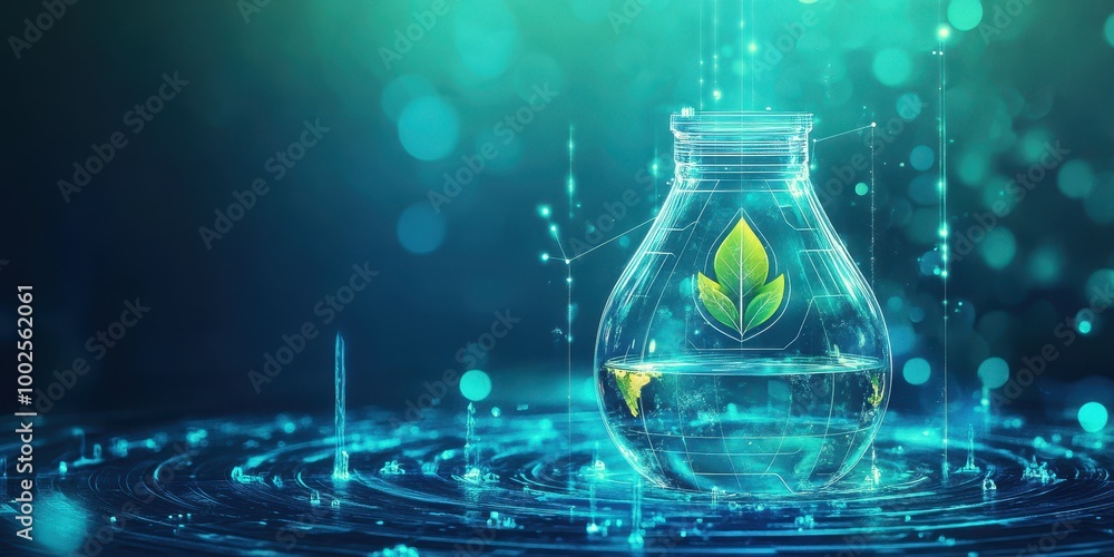 A glass jar filled with water and a green leaf, symbolizing purity, nature, and eco-friendliness in a digital environment. A glass jar filled with water and a green leaf, symbolizing purity, nature, and eco-friendliness in a digital environment.