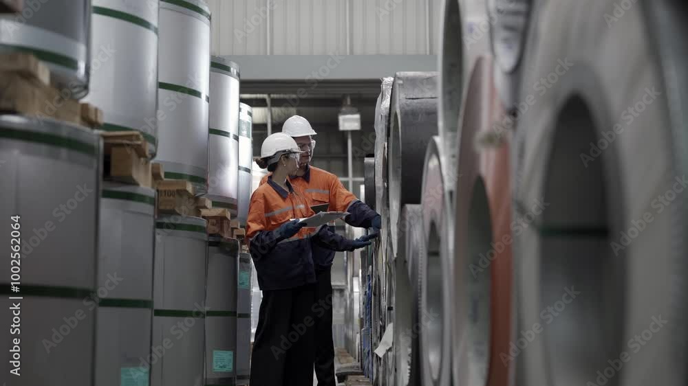 Industrial engineers wearing safety helmets inspect metal raw materials and talk Experienced industrial engineer Industrial engineers wearing safety helmets inspect metal raw materials and talk Experienced industrial engineer