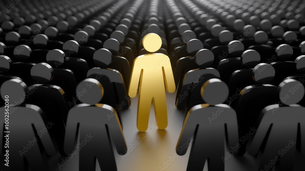 Fototapeta premium A single golden figure stands out among a crowd of black figures, symbolizing uniqueness and individuality in a sea of anonymity