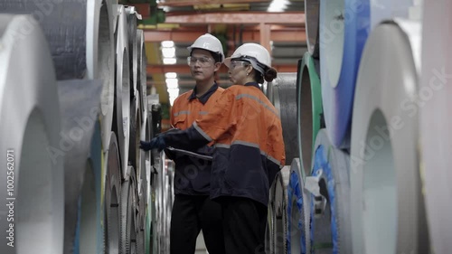 Industrial engineers wearing safety helmets inspect metal raw materials and talk Experienced industrial engineer