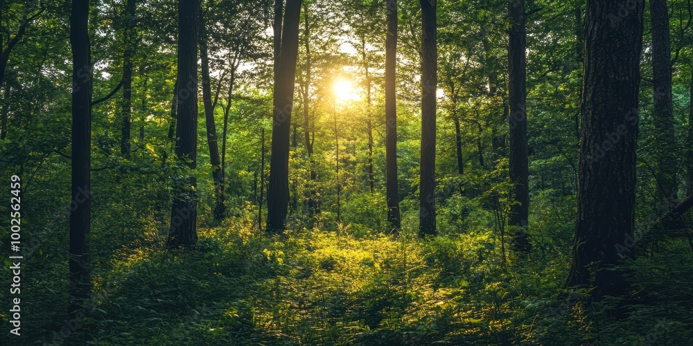 Fototapeta premium A serene forest scene with sunlight filtering through lush trees, creating a tranquil atmosphere perfect for relaxation and nature exploration.