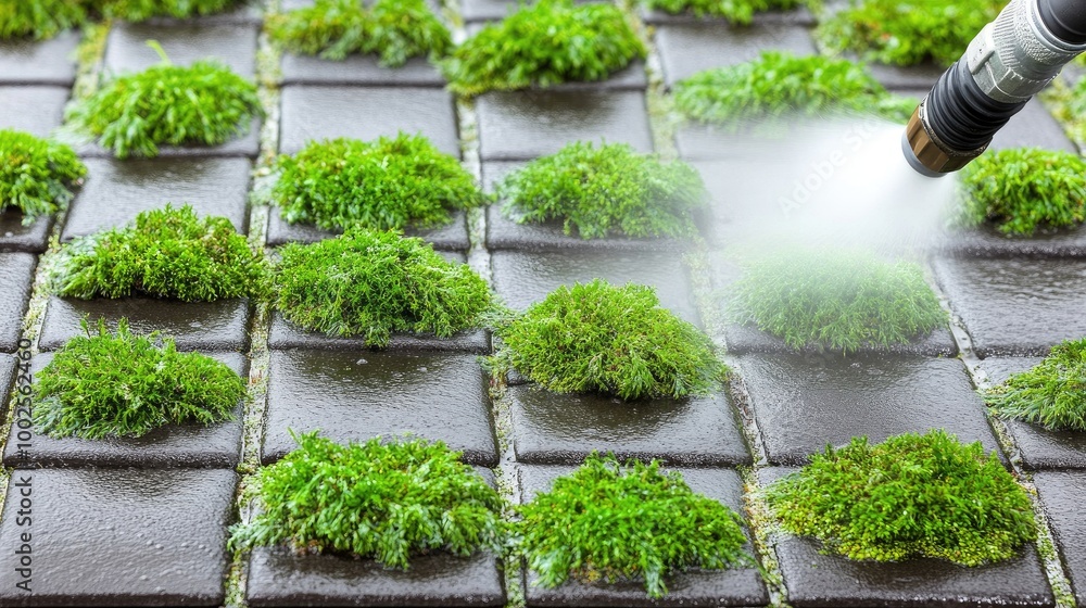 A man in overalls cleans old black-shingled roof with high-pressure spray, removing yellow lichen while surrounded by greenery and sky A man in overalls cleans old black-shingled roof with high-pressure spray, removing yellow lichen while surrounded by greenery and sky