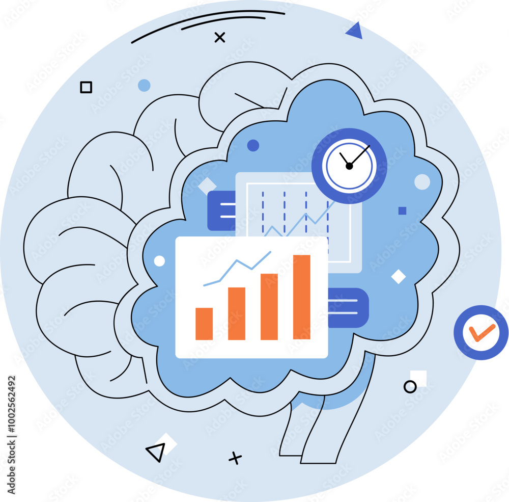 Adaptability. A brain filled with data charts and a clock. Ideal for themes like analytical thinking time management cognitive processing data analysis and productivity. Simple modern style
