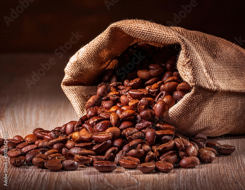 Obraz na płótnie A rustic burlap sack filled with roasted coffee beans spills onto a weathered wooden table, creating a warm and earthy visual that highlights the natural textures. w salonie