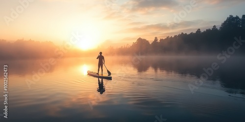 A serene paddleboarder gliding across a misty lake at sunrise, surrounded by tranquil waters and soft pastel skies.