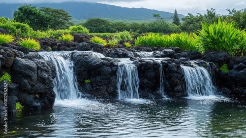 A waterfall cascading over black volcanic rocks, with lush green plants growing in the cracks, showcasing the contrast between life and rugged terrain.