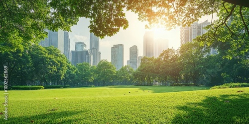 A tranquil city park with lush greenery and tall skyscrapers basking in the warm glow of the morning sun, offering a peaceful escape.