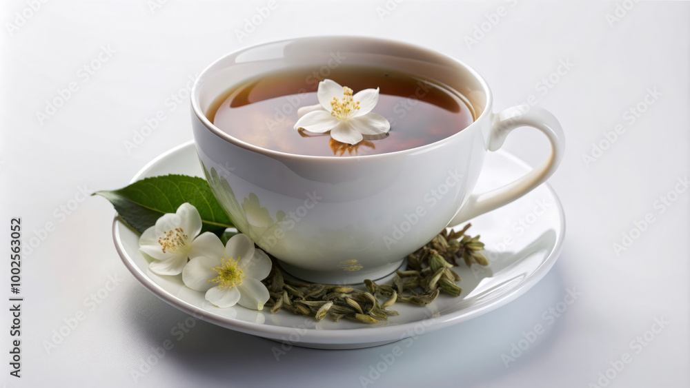 Cup of Jasmine Tea with Floating Blossoms in a White Ceramic Cup Cup of Jasmine Tea with Floating Blossoms in a White Ceramic Cup