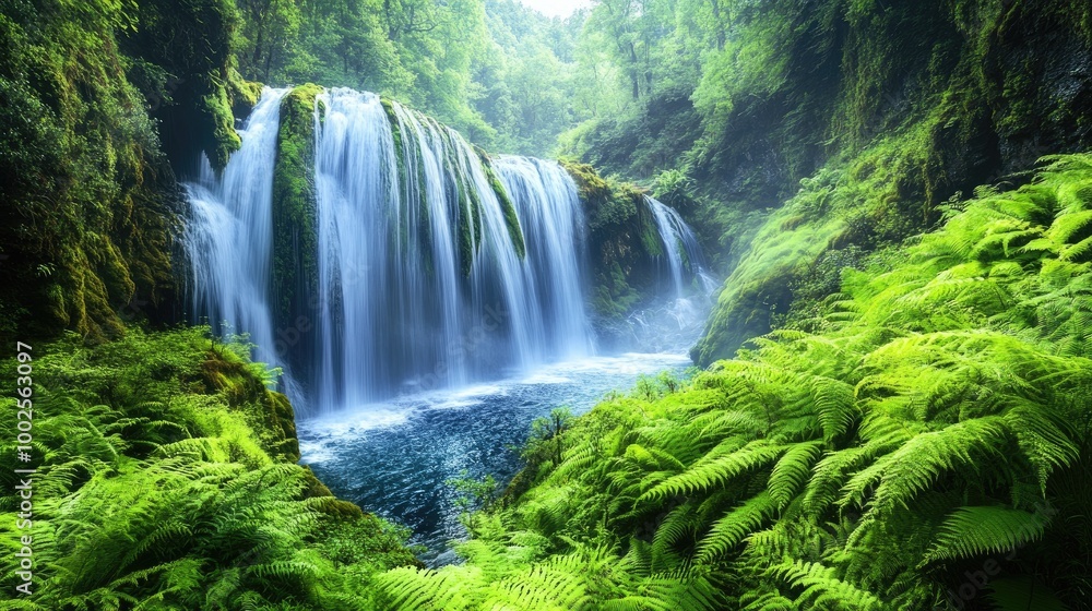 Fototapeta premium A waterfall surrounded by bright green ferns and moss, creating a lush and vibrant scene perfect for showcasing the beauty of natural ecosystems.