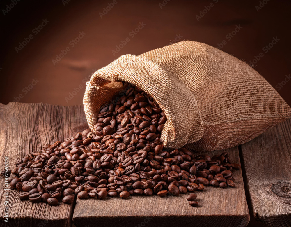 A rustic burlap sack filled with roasted coffee beans spills onto a weathered wooden table, creating a warm and earthy visual that highlights the natural textures.